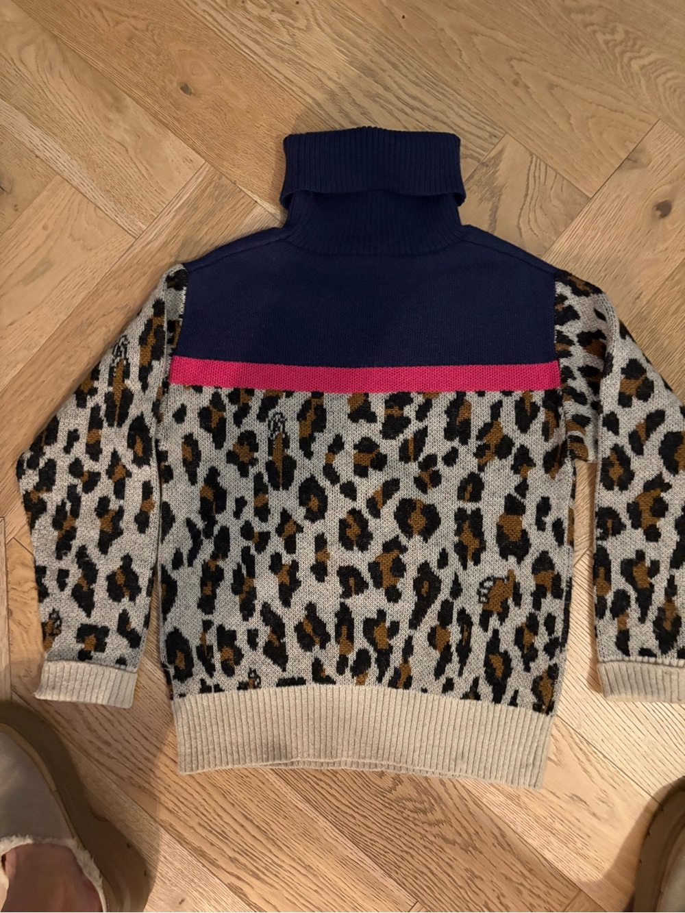 Leopard Print Turtleneck Sweater with Navy Yoke and Pink Band